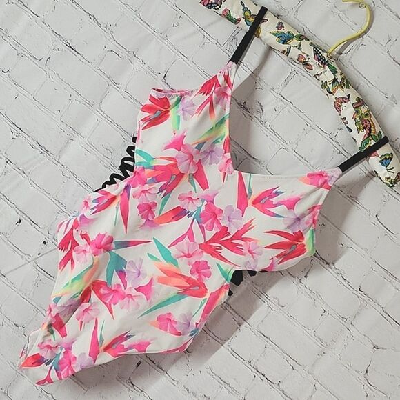 Victoria's Secret PINK Neon Pink Hibiscus Floral Print One Piece Swimsuit Size M - Picture 6 of 16